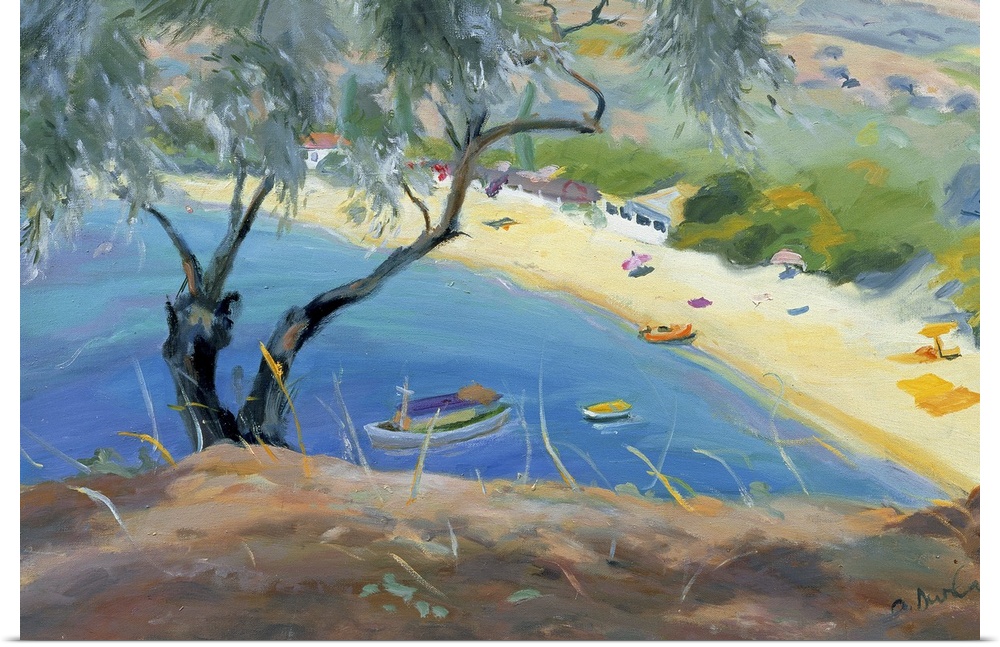 Oversized landscape painting of a single tree on a hillside, overlooking blue waters with several boats and a small beach ...