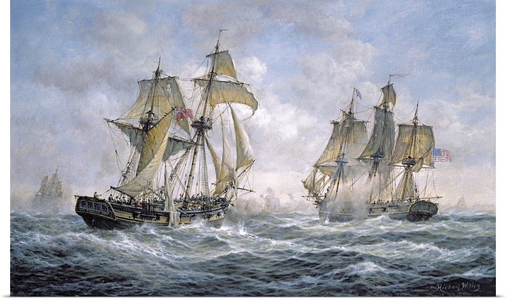 Large contemporary art portrays a battle between two warships belonging to the United States of America and Great Britain ...