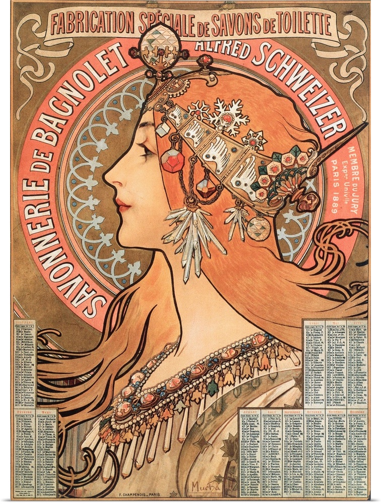 Calendar page of the year 1898 decoree of an advertising illustration by Alphonse Mucha (1860-1939) for the soap company S...
