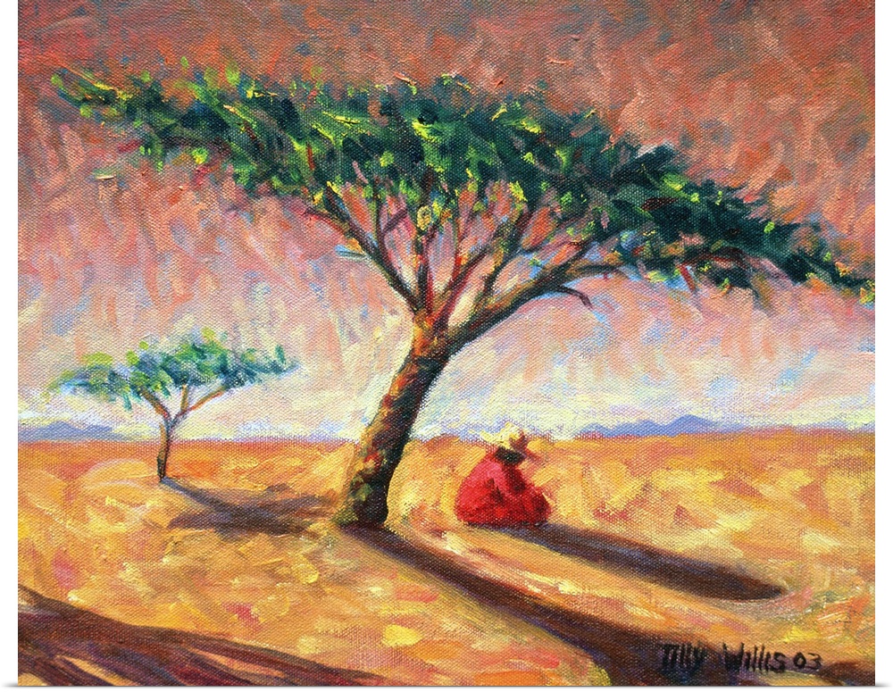 Big, landscape painting of an African landscape, the sun shining over a large tree where a person in a hat sits on the gro...