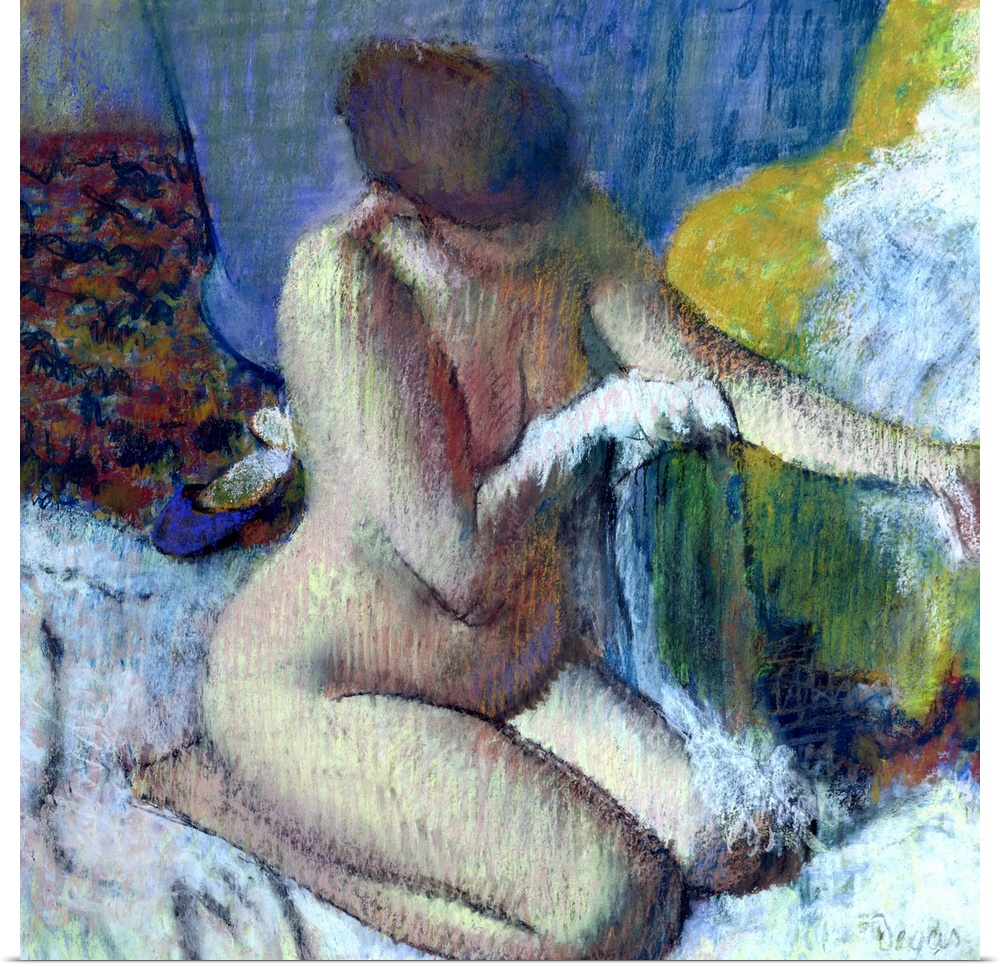 Square pastel drawing on canvas of a woman bathing herself.