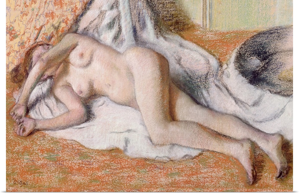 Horizontal, classic artwork on a big canvas of a nude woman lying on her side on a draping white blanket, her arm in front...