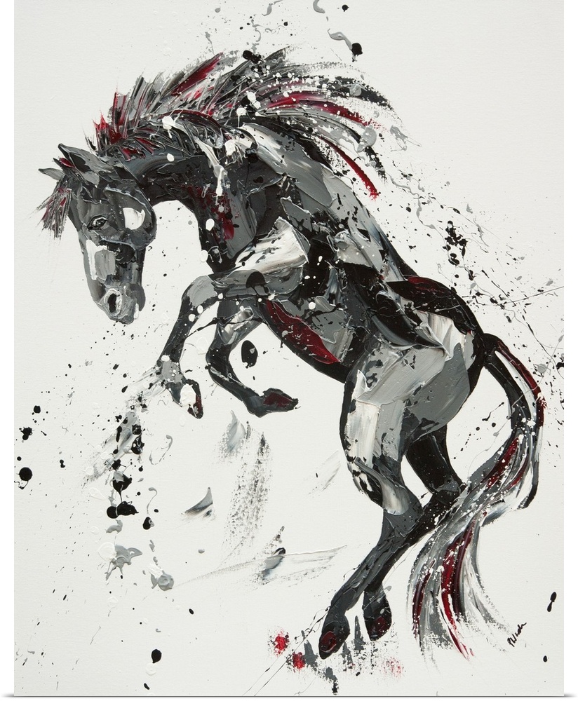 Contemporary painting of a rearing horse in shades of black with red.