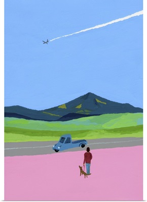 Airplane, Pickup Truck, Dog, And Meadow