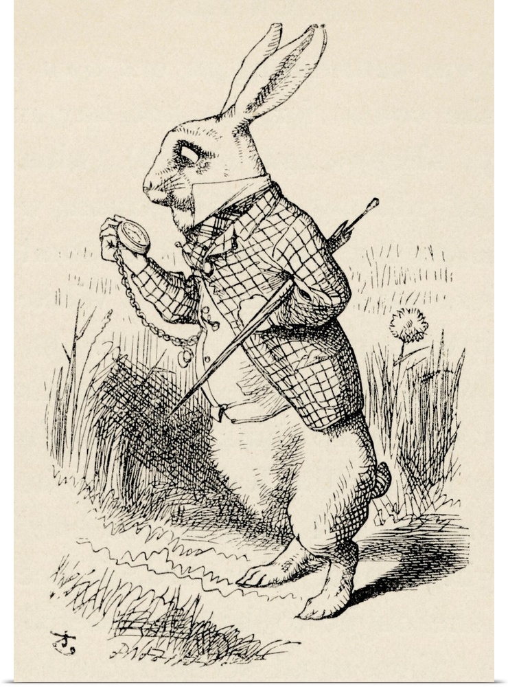 Alice in Wonderland-the White Rabbit looks at his pocket watch, from the book by Lewis Carroll (Charles Lutwidge Dodgson),...