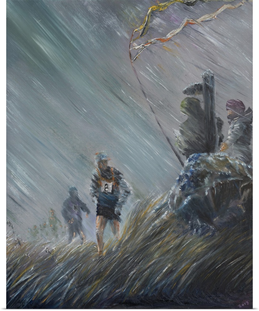 Contemporary painting of soldiers pushing through a wall of rain in a storm.
