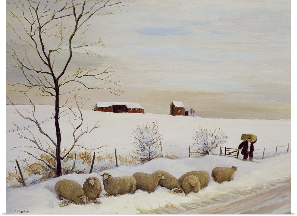 Contemporary painting of flock of sheep outside in the winter.