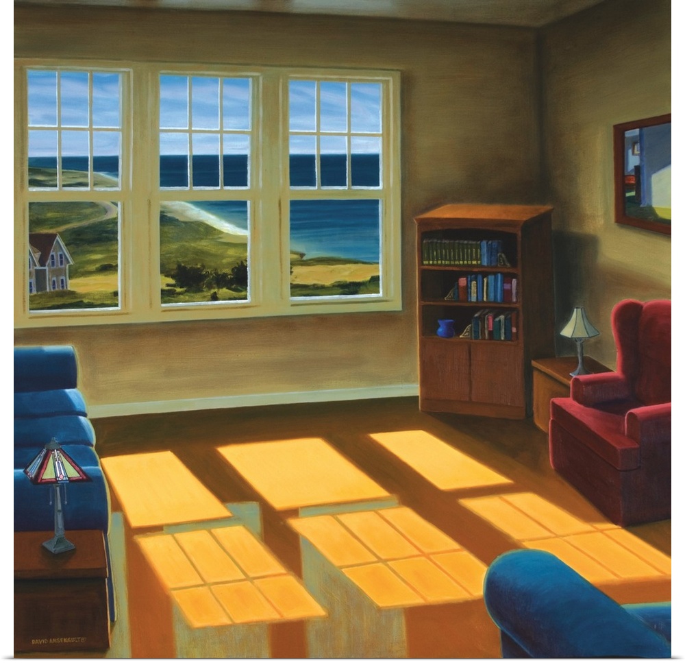 Contemporary painting of a living room with an ocean view.