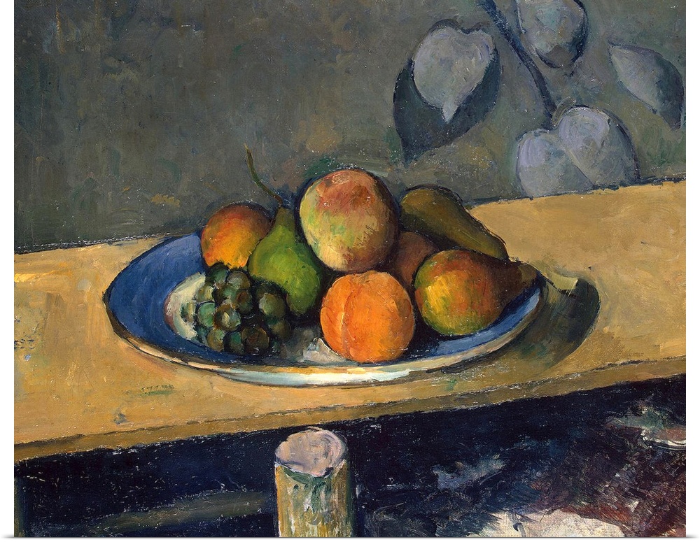 A classic artwork piece of a plate of fruit that sits atop a wooden table.