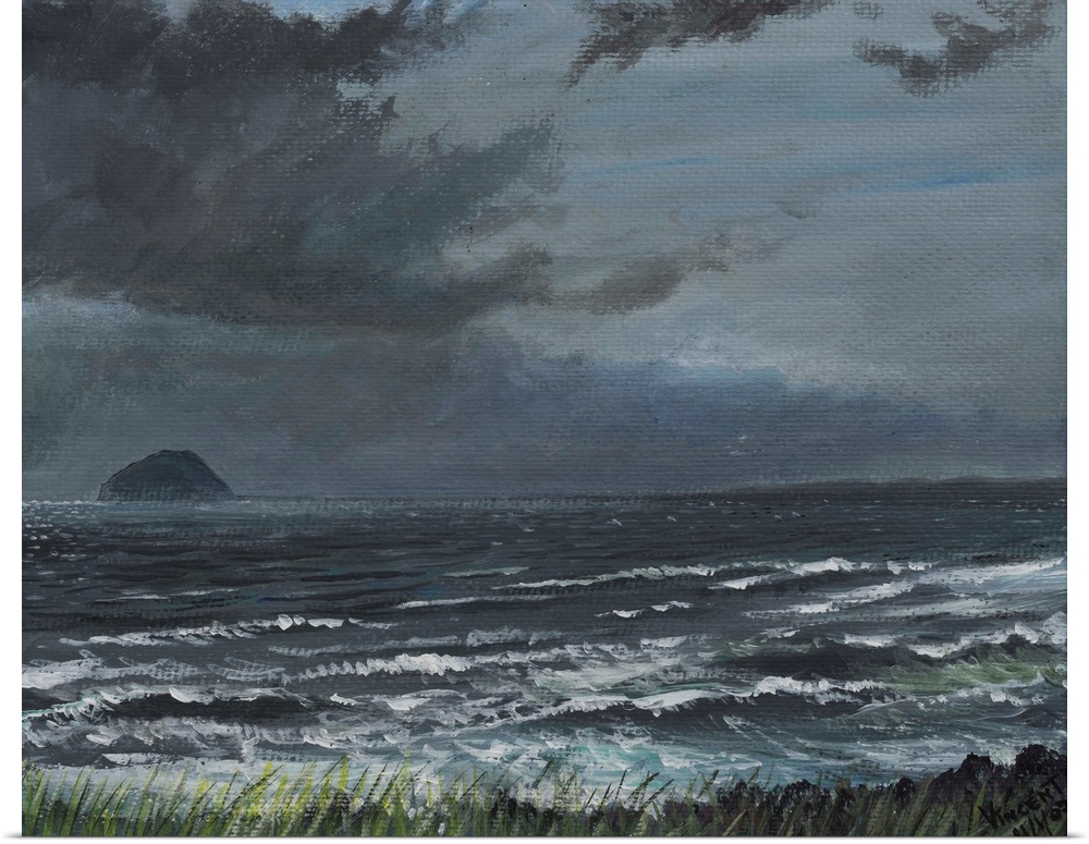Contemporary painting of an idyllic seascape under stormy clouds.