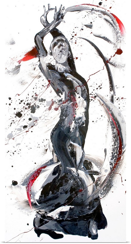 Contemporary painting using black and gray colors to create a woman dancing against a white background.