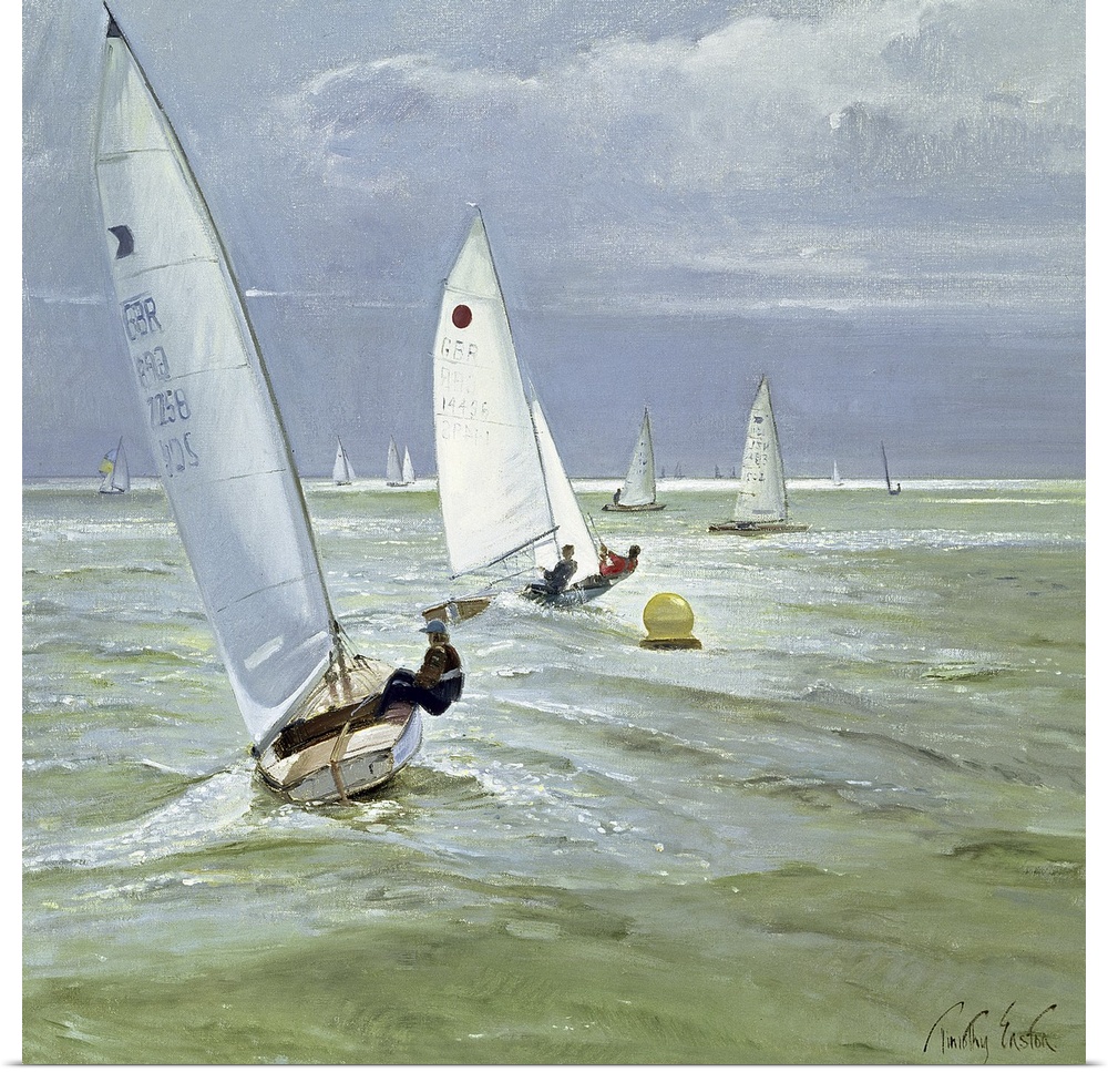 An oil on canvas with several sail boats in the water with those closest to the foreground being sailed by boys.