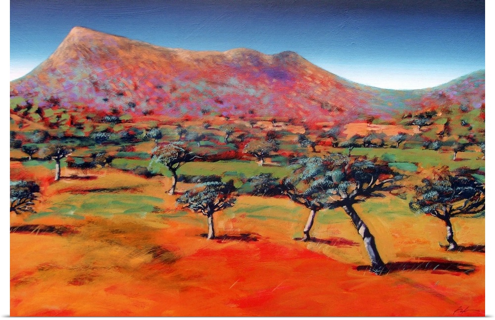 Acrylic painting of trees randomly sticking up on the flat ground at the base of a barren mountain.