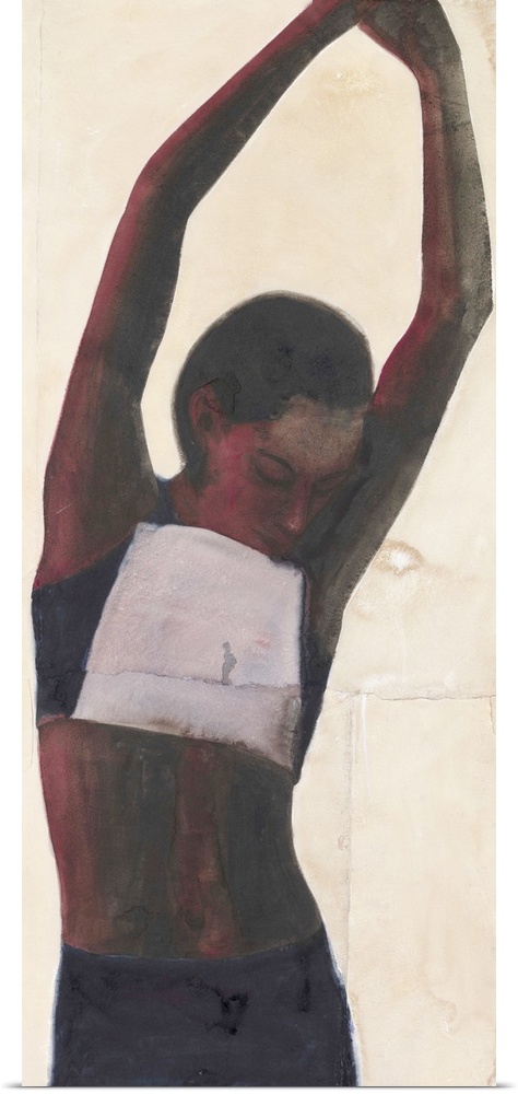 Contemporary watercolor painting of an athlete stretching her arms up into the air.