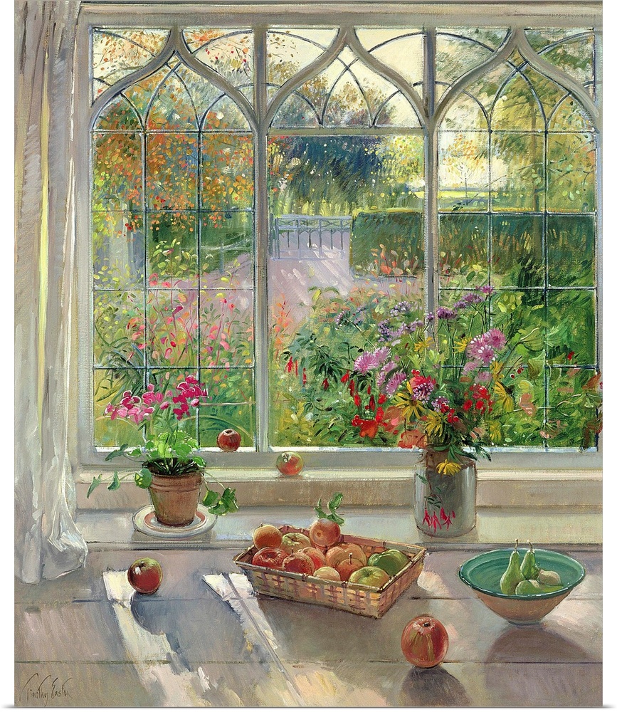 This large painting has fruit baskets and flower pots sitting on a window sill that looks out over a garden.