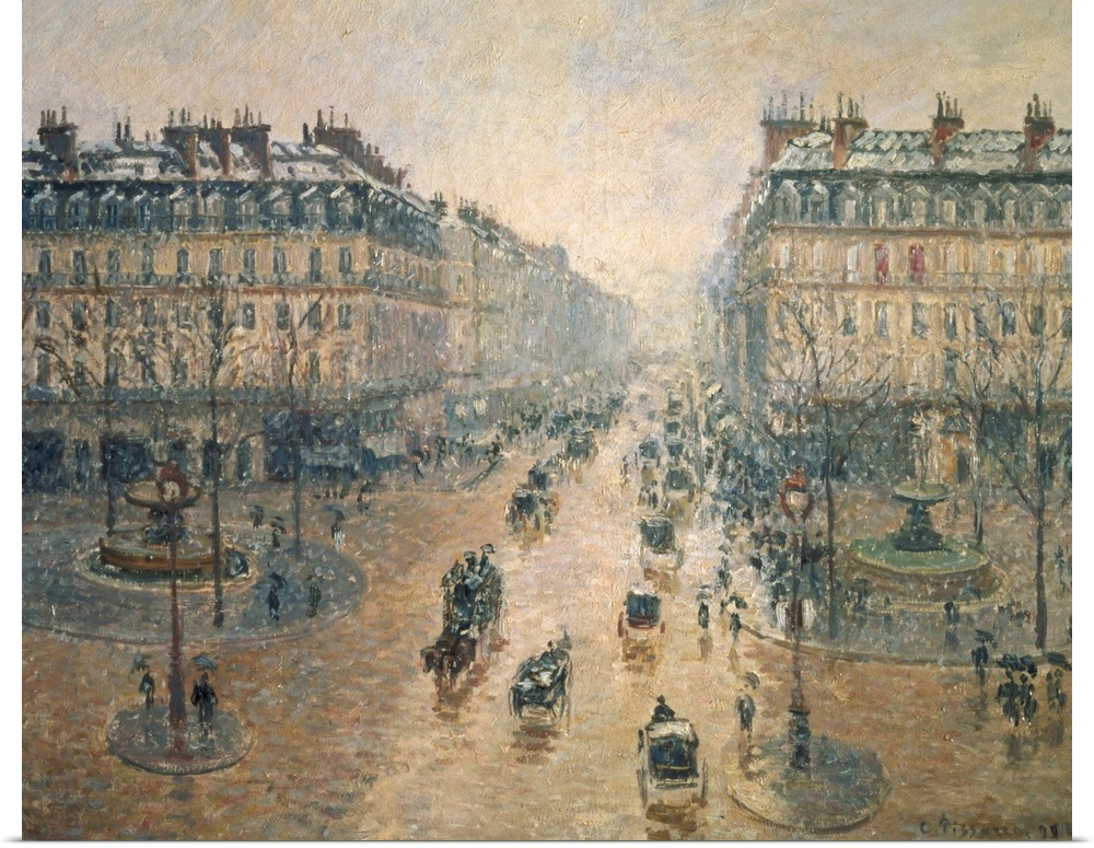 Large classic painting on a landscape canvas of Avenue de Lopera, surrounded by two tall buildings and bustling with patro...