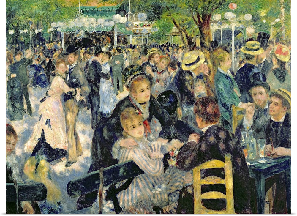 Big classic art depicts a large group of well dressed individuals dancing and relaxing in a park on a sunny day.