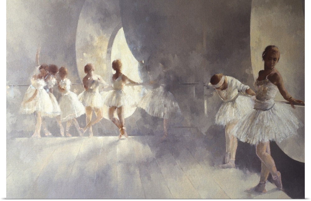Oil painting of ballerinas holding onto barre and warming up.