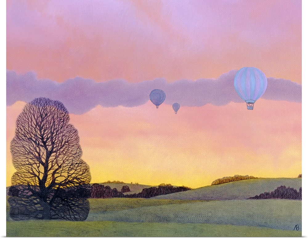 Oil painting of hot air balloons floating over tree covered rolling hills with colorful sky at sunset.