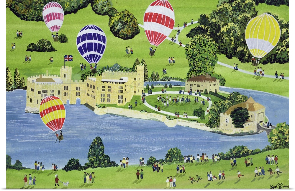 Contemporary painting of hot air balloons in the sky above a castle.