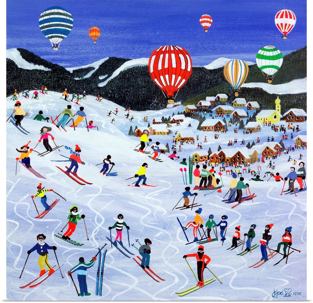 Contemporary painting of people skiing down a hill with hot air balloons in the sky.