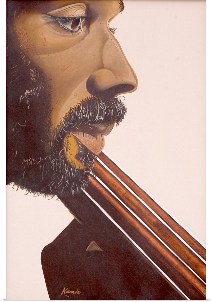 Up-close oil painting of a bearded man playing stringed instrument.