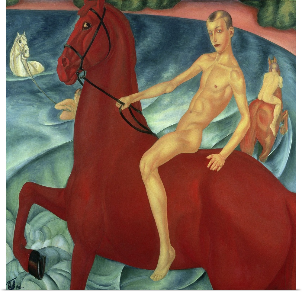 BAL162821 Bathing of the Red Horse, 1912 (oil on canvas)  by Petrov-Vodkin, Kuzma Sergeevich (1878-1939); 160x186 cm; Tret...