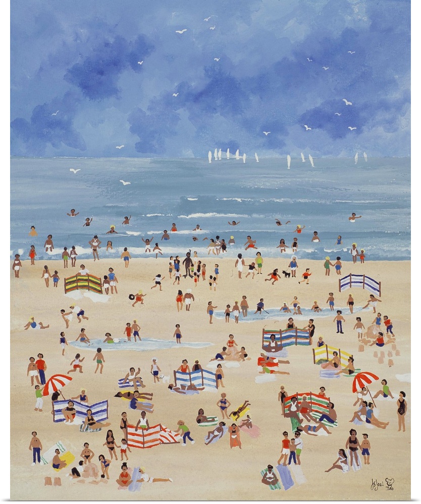 Contemporary painting of people gathered at the beach in summer.