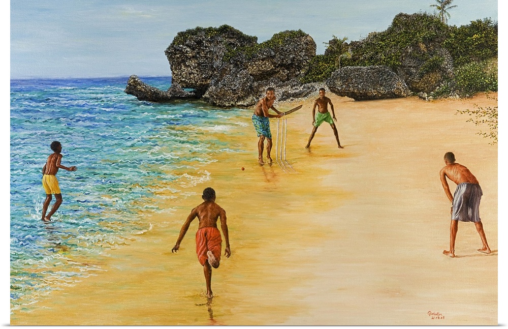 Painting of a group of boys playing a game on a sandy beach in the Caribbean, with coastal rocks and palm trees in the bac...