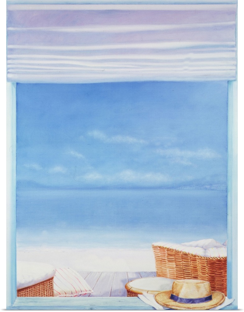 Contemporary painting of a hat sitting on the window sill, overlooking the beach.