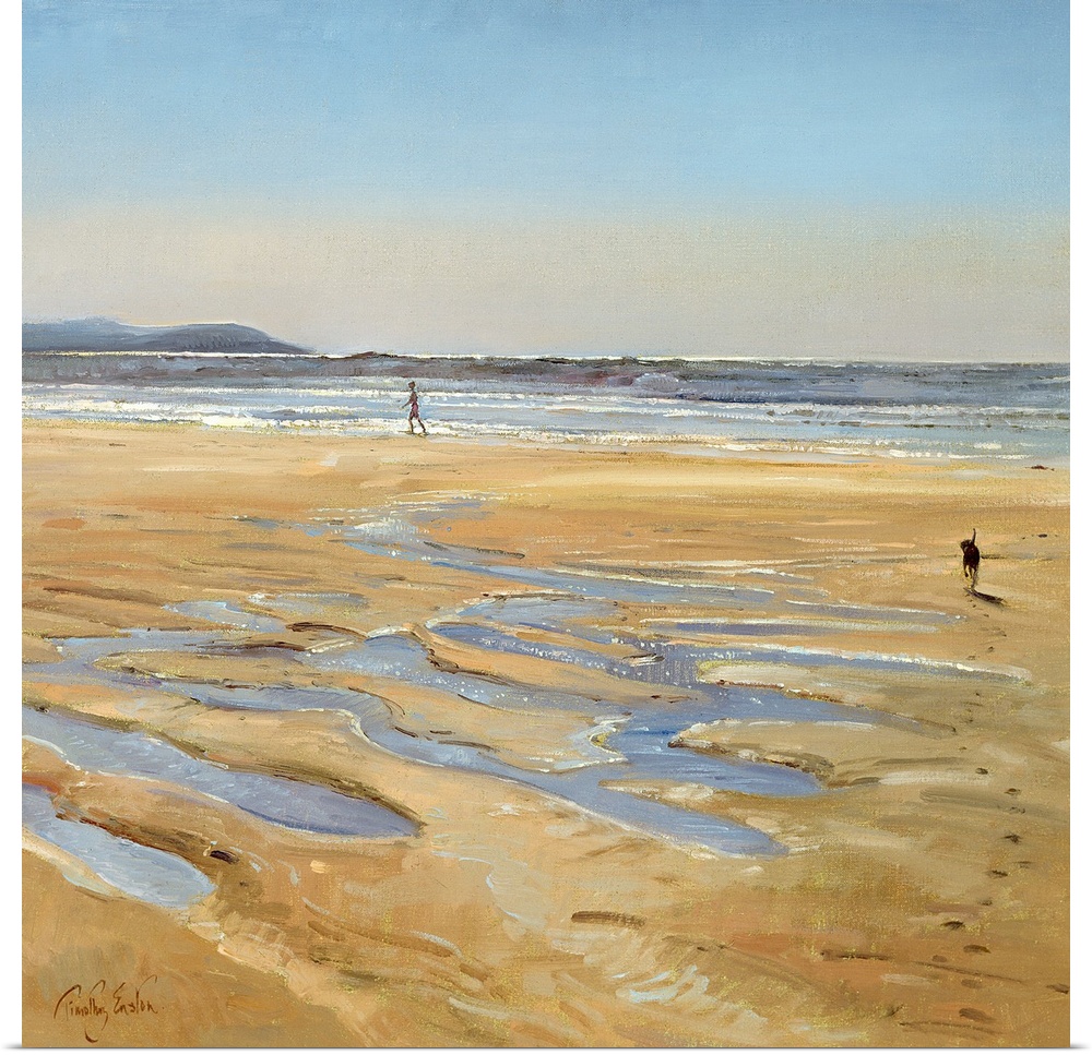 Contemporary artwork of a person walking along the water on the beach as their dog runs toward them. Puddles of water lay ...