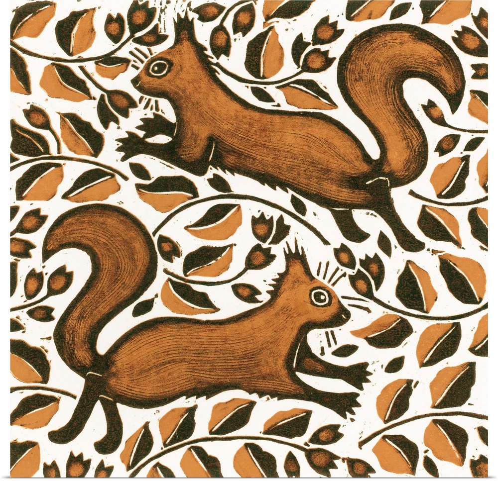 NMR265751 Beechnut Squirrels, 2002 (woodcut) by Morley, Nat (Contemporary Artist); 20x20 cm; Private Collection;  in copyr...