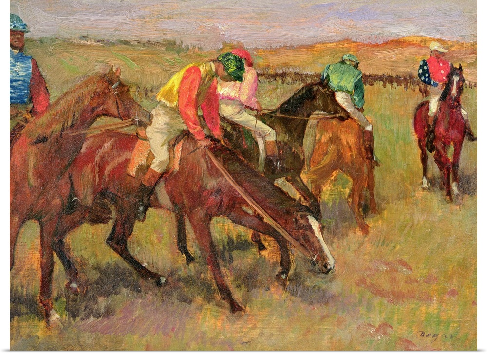 Classic art parting of jockey's on horses eating grass before a race.