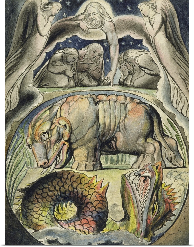Behemoth and Leviathan, after William Blake (1757-1827). Pen, ink and watercolor on paper by John Linnell (1792-1882).