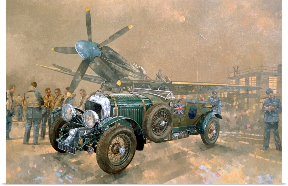 Painting of vintage car and aircraft surrounded by British soldiers.