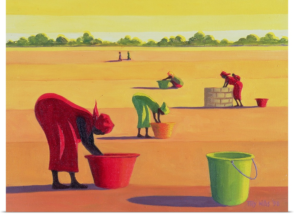 Large artwork showing women filling buckets with water in an open desert field.