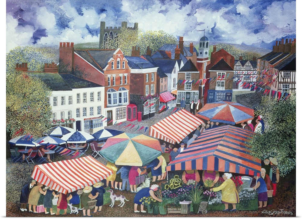 Contemporary painting of several colorful tents at an outdoor market.