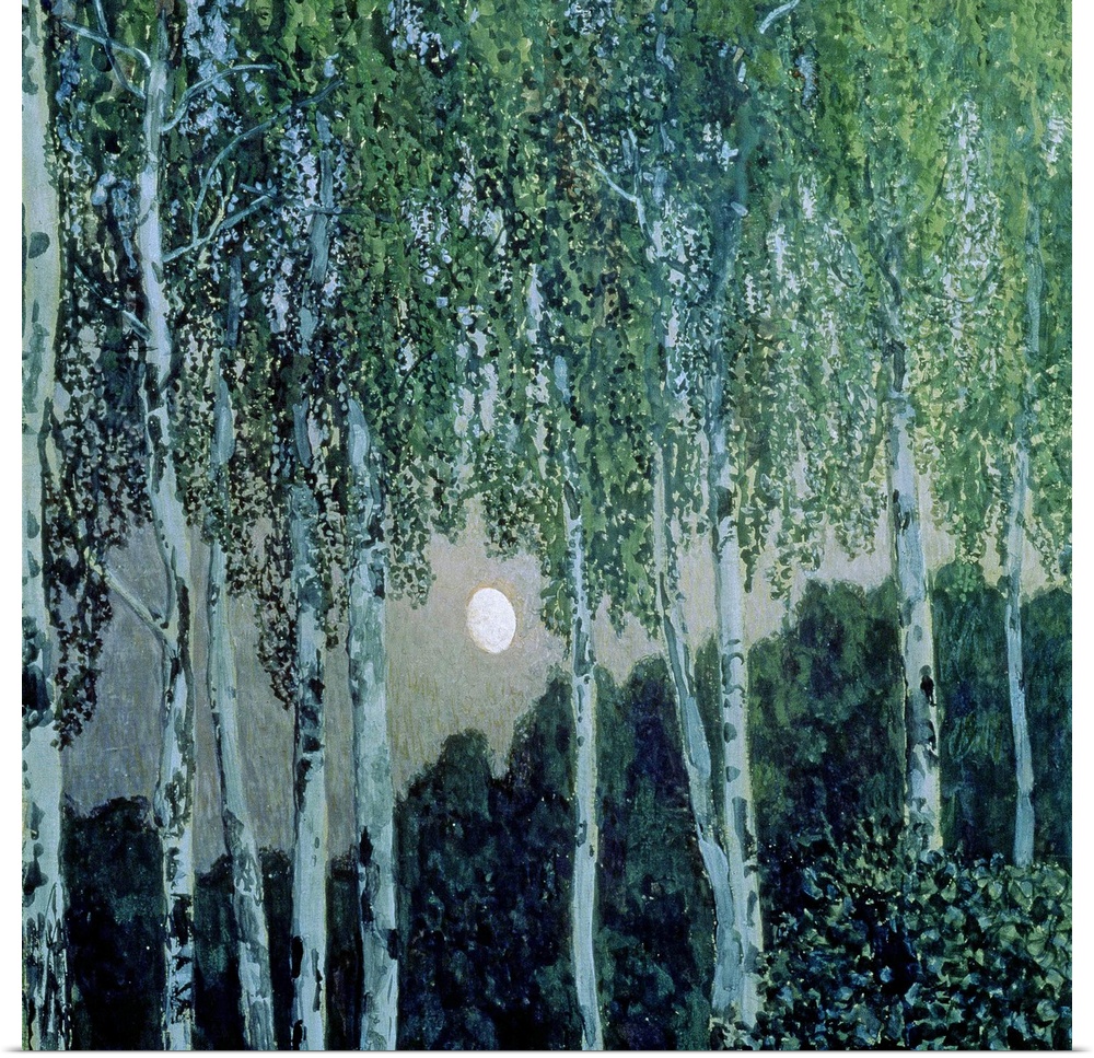 Oil painting of tall trees in forest with tree tops in the background.  The moon is positioned between two tree barks.