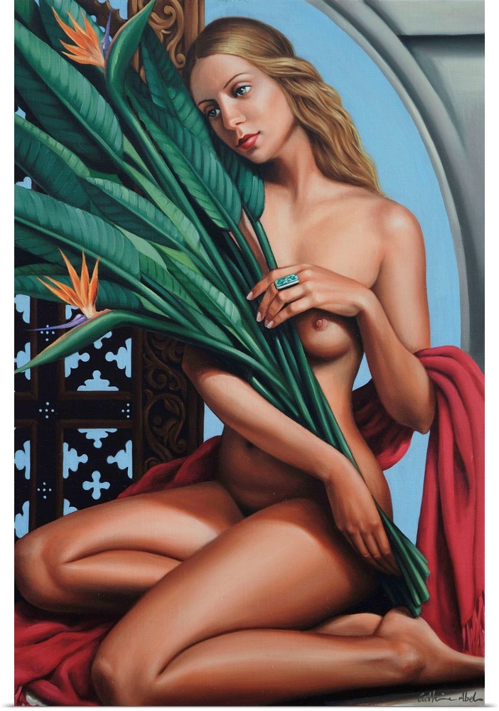 Contemporary art deco-style painting of a nude woman holding bird-of-paradise leaves and flowers.