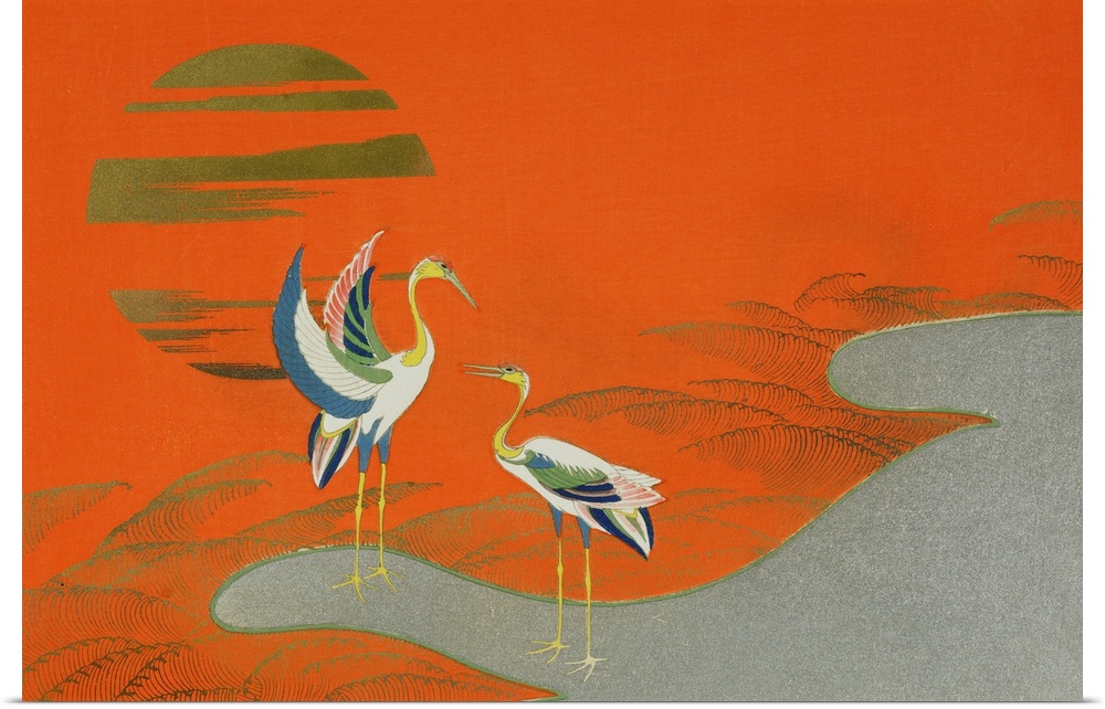 Birds at sunset on the lake, 1903, ukiyo-e art print, by Kamisaka Sekka (1866-1942), woodcut with silver powder, horizonta...