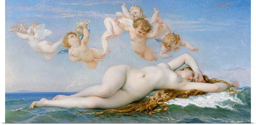 Painting of nude woman lying on waves in the ocean with five small angel cherubs above her in a cloudy sky.