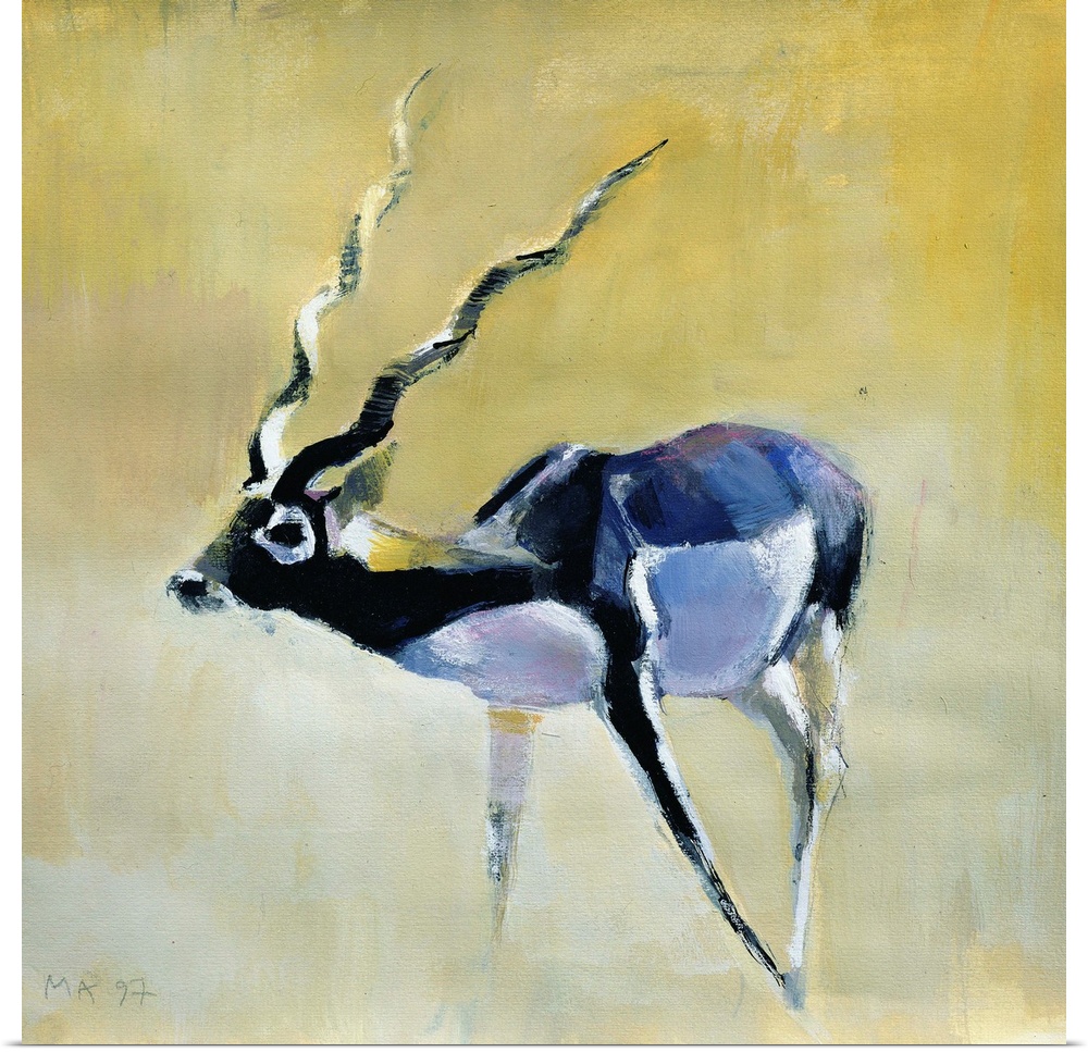 Contemporary painting of an antelope with large horns.