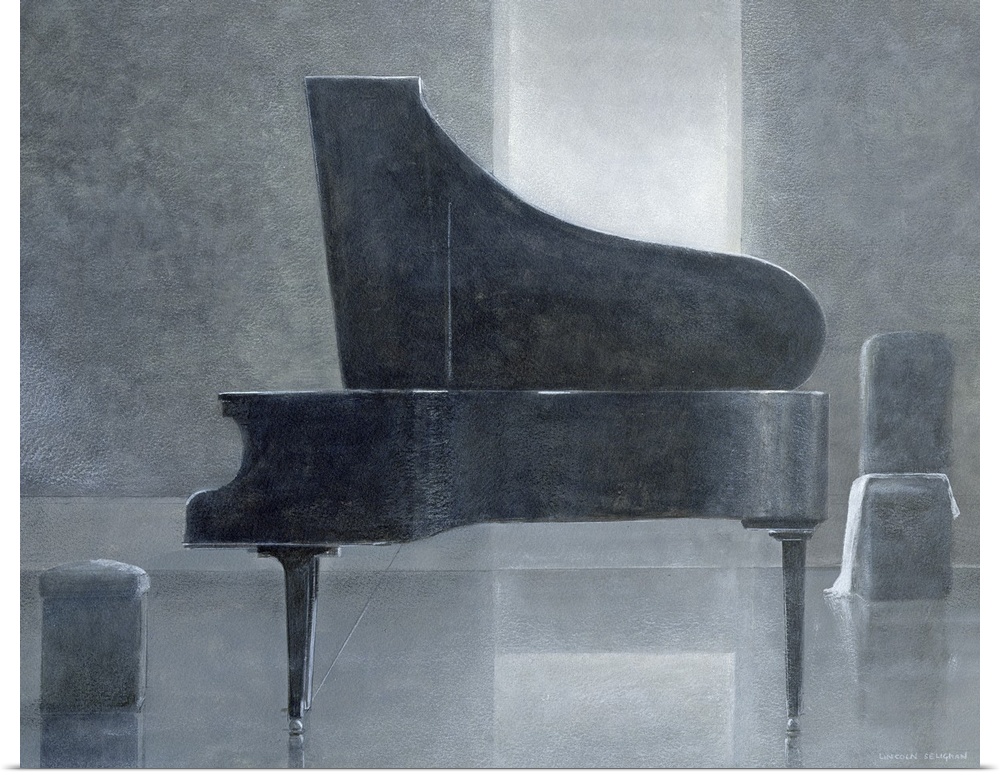 This piece of contemporary artwork shows a grand piano from the side sitting in an almost bare room.