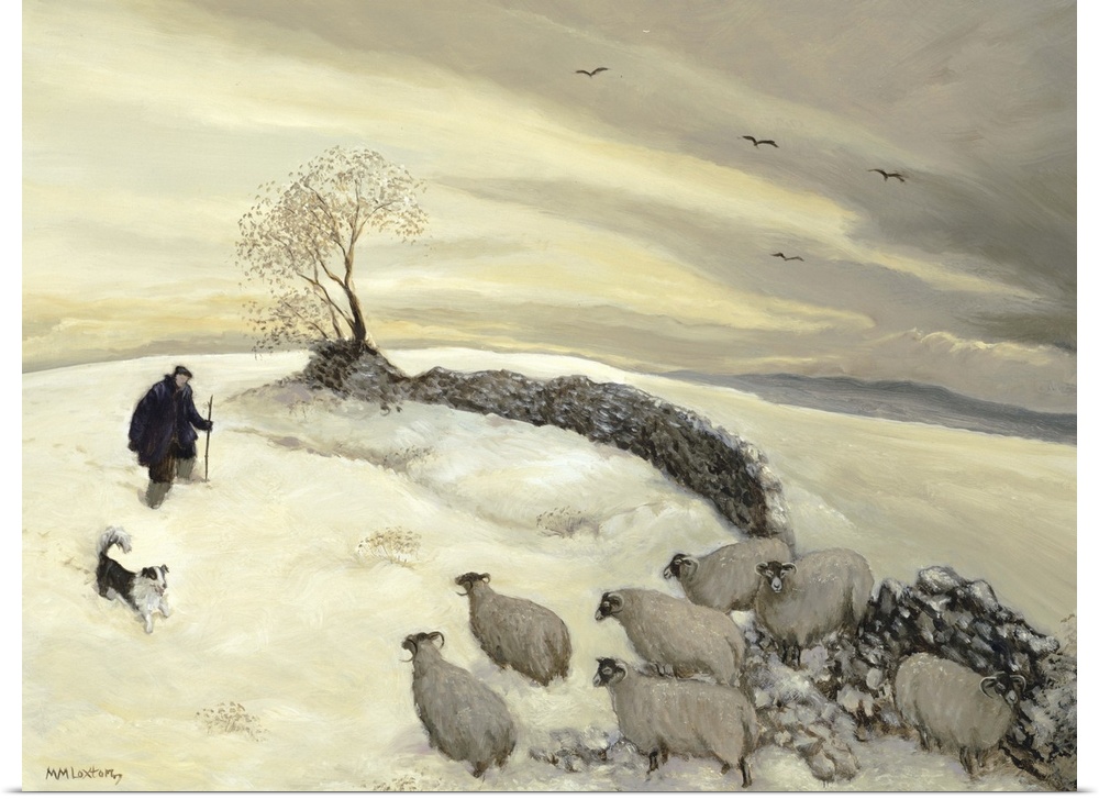 Contemporary painting of shepherds working outside in the winter.
