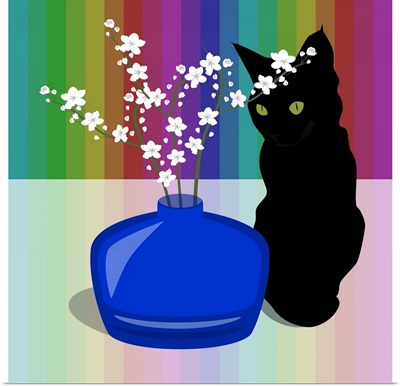 Blue Glass Vase With Blossom And Black Cat