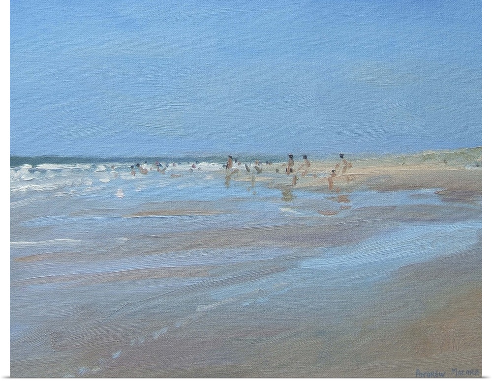 Contemporary painting of people at the beach at low tide.