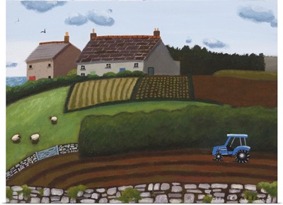 Blue Tractor, Sheep And Farmhouse