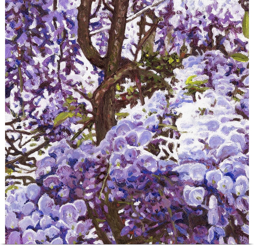Contemporary painting of a flowering blue wisteria tree.