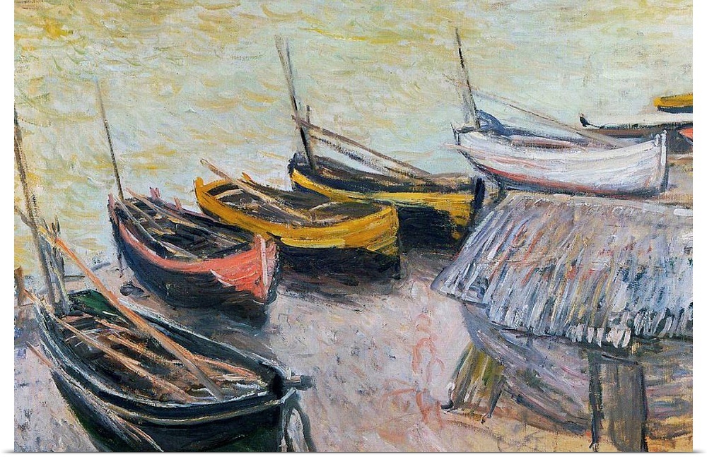 Landscape, large classic painting of a line of small row boats sitting on the beach, near the waters edge, a small hut in ...