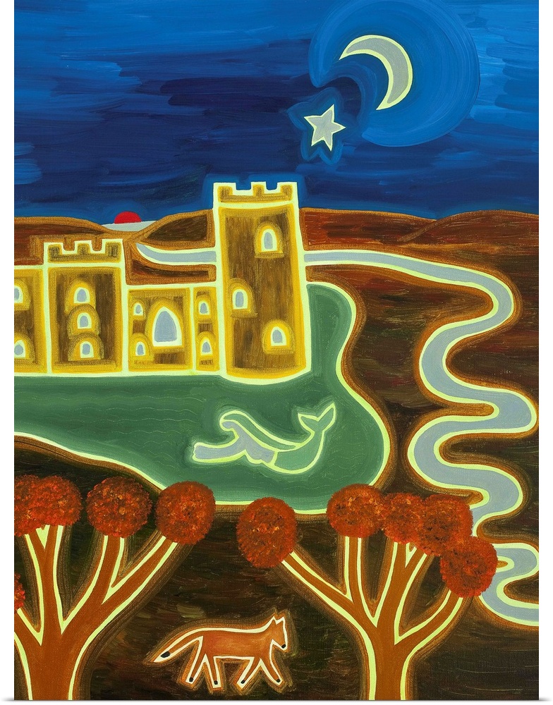 Contemporary painting of a castle in a countryside scene with everything sort of glowing in a neon outline.